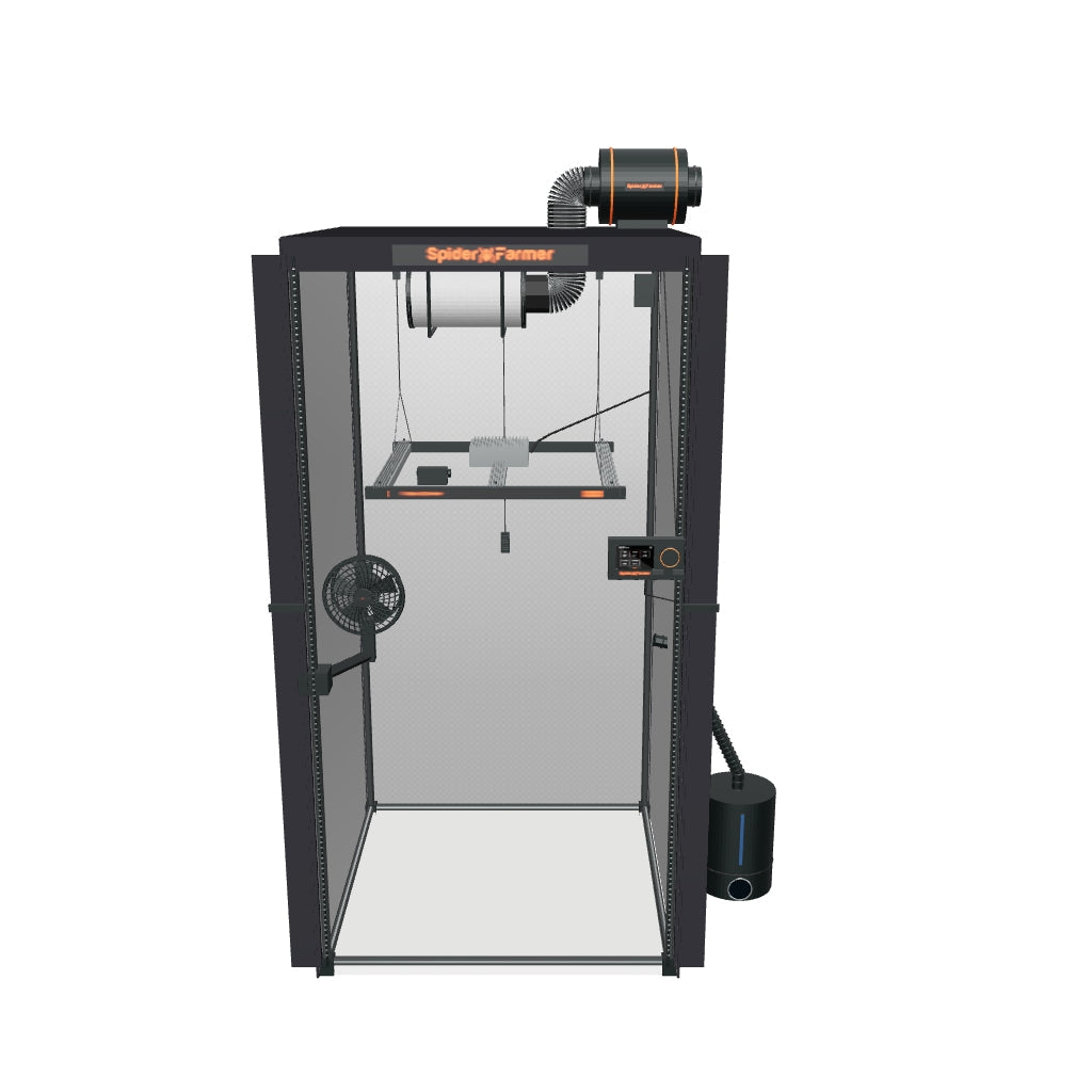 Spider Farmer Komplettset (90x90x180 cm) 300 Watt SE3000 EVO LED mit GGS für smarte Steuerung und Luftbefeuchter – fotobasierte 3D-Ansicht