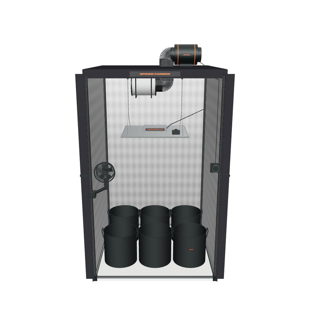 Spider Farmer Komplettset (120x120x200 cm) 450 Watt SF4000 EVO LED – 3D-Modell mit enthaltenen Stofftöpfen und Zubehör