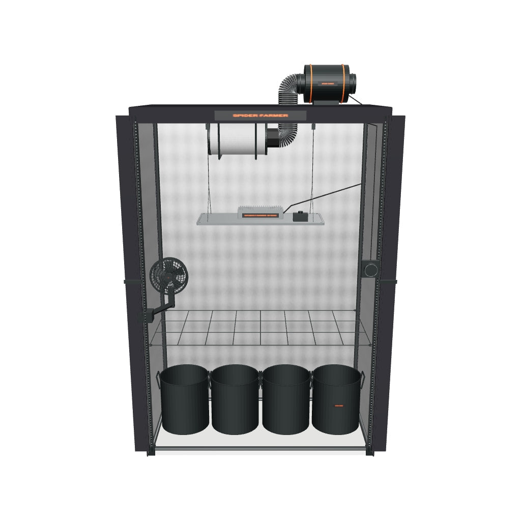 Spider Farmer Komplettset (120x60x180 cm) 200 Watt SF2000 LED – 3D-Modell mit enthaltenen Stofftöpfen und Zubehör