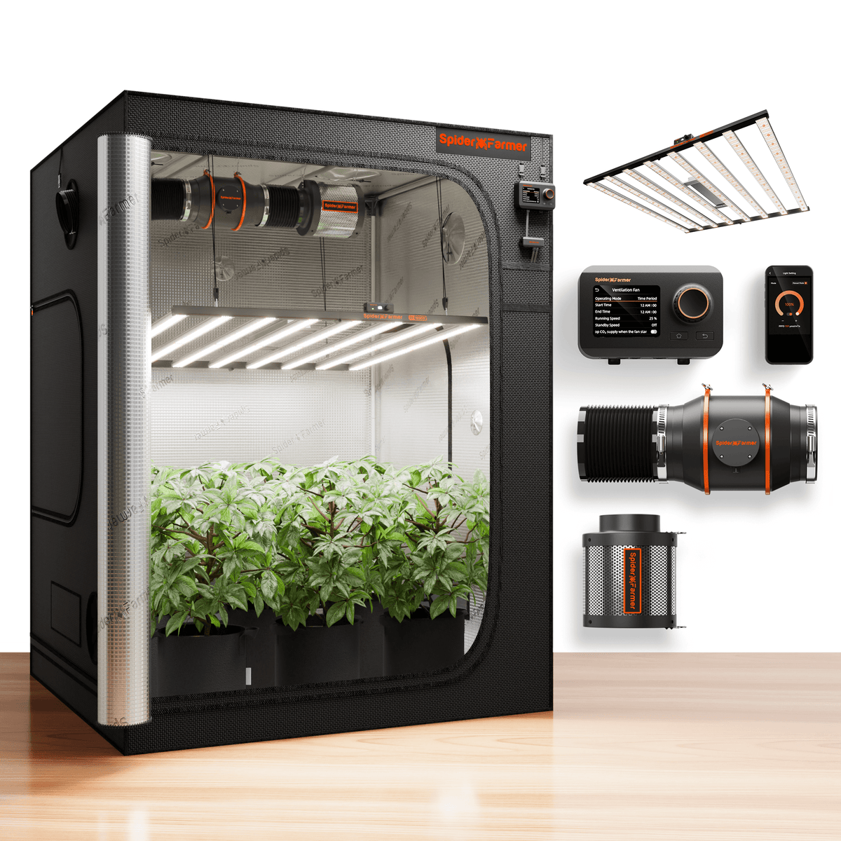 Spider Farmer SE1000W Komplettset – Gesamtansicht mit LED und Abluftsystem
