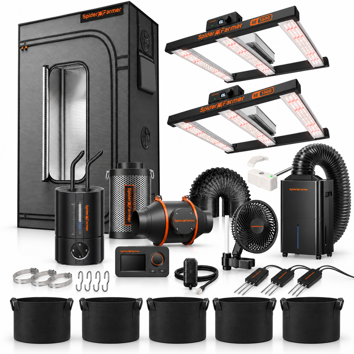 Spider Farmer Master Klima Komplettset (120x60x180 cm) 300 Watt 2x SE1500 EVO LED mit GGS für smarte Steuerung mit Be- und Entfeuchter und Sensorik – Set-Komponenten