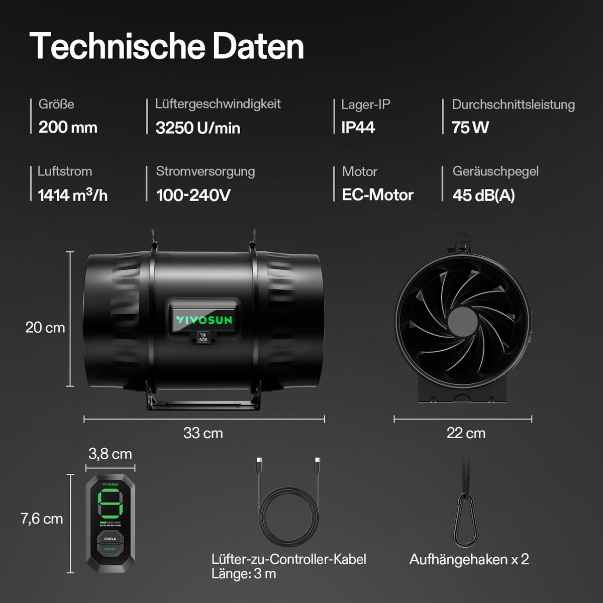 VIVOSUN AeroZesh T8 Rohrventilator 20 cm mit E12 – Galerie 8