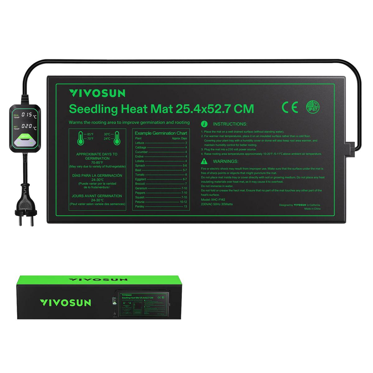 VIVOSUN Heizmatte 25x53 cm mit digitalem Thermostat 20 Watt – Einzelmatte mit digitalem Thermostat