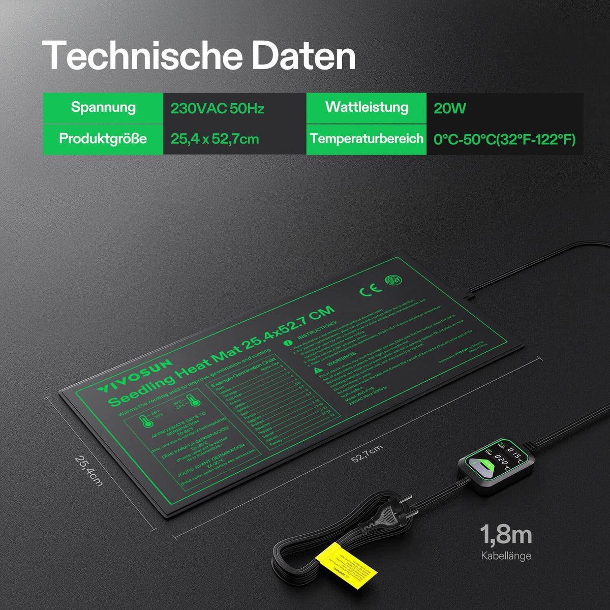 VIVOSUN Heizmatte 25x53 cm mit digitalem Thermostat 20 Watt – Abmessungen und technische Daten