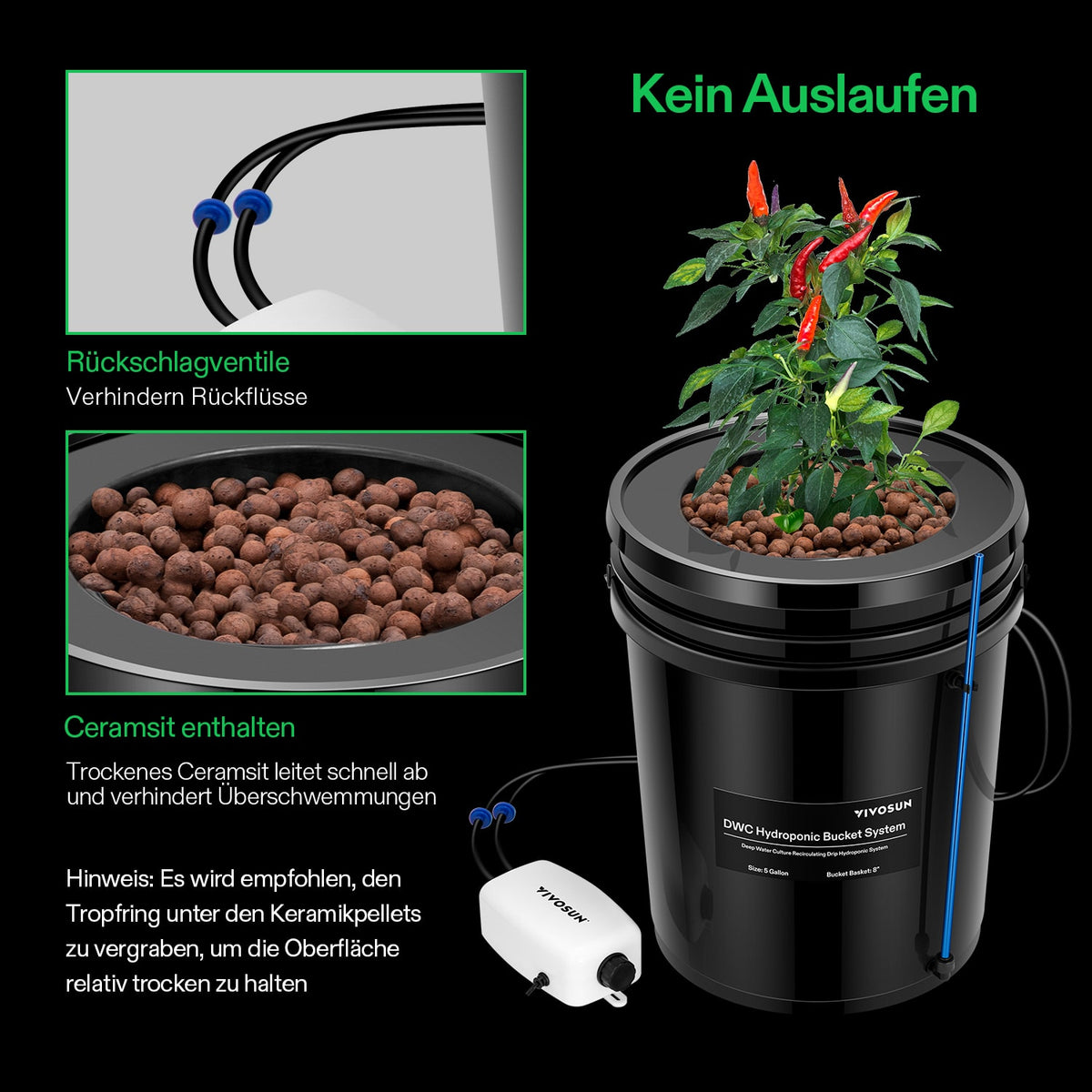 VIVOSUN DWC Hydroponiksystem mit 1 Topf 18,9 L – Verbindungen und Tonkugeln