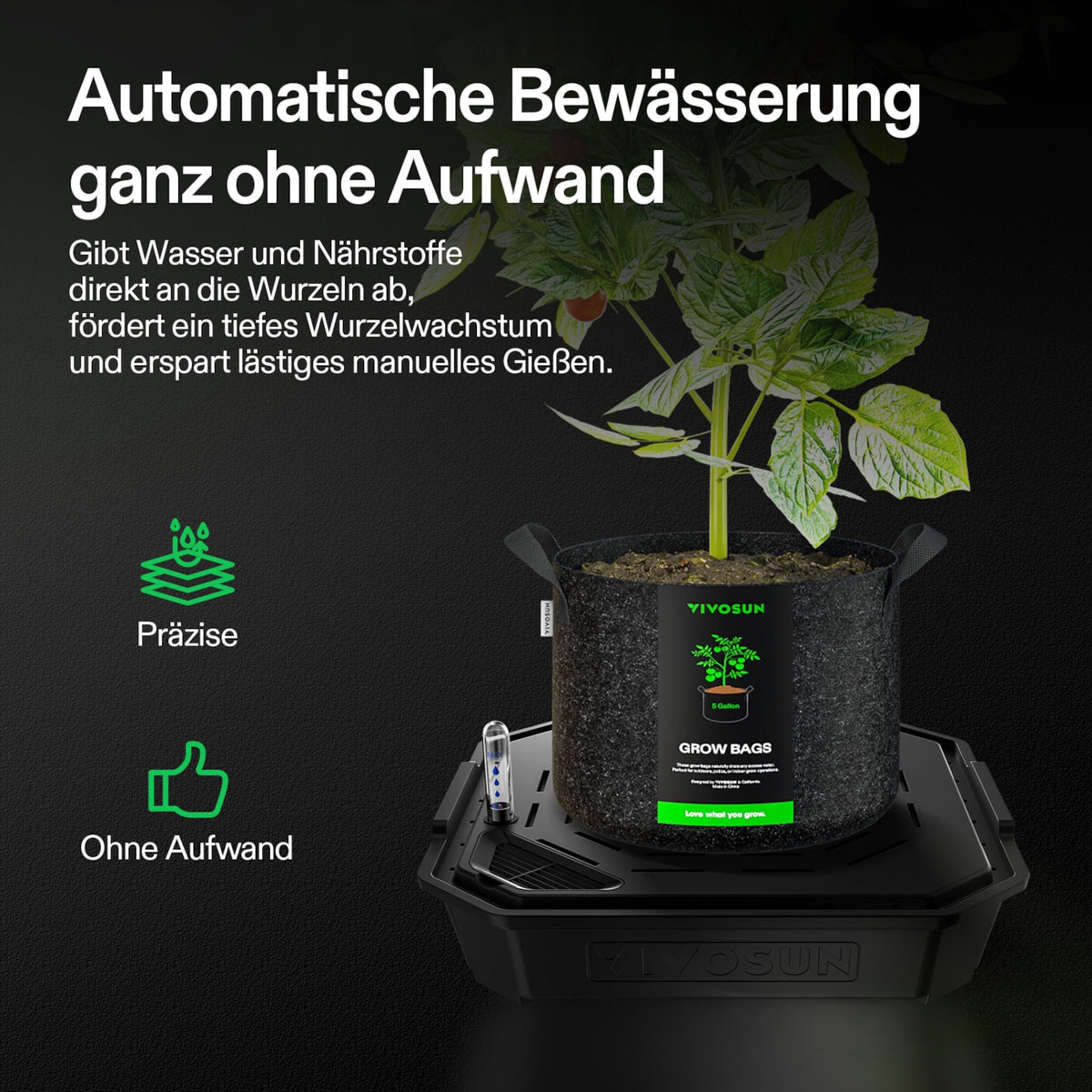 VIVOSUN FlexFeed Selbstbewässerungsset mit 4 Stofftöpfen je 19 L – Kapillare Wasserzufuhr