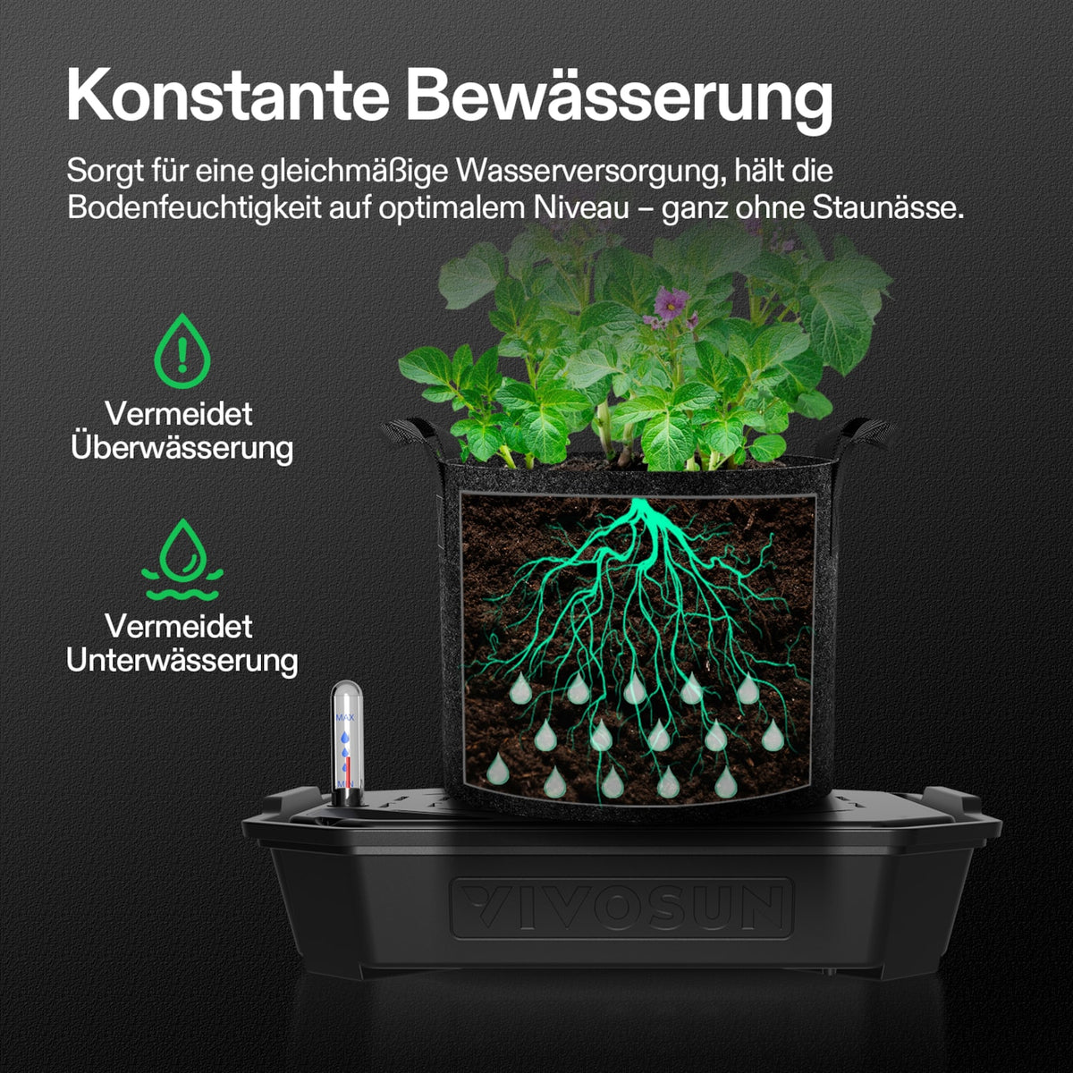 VIVOSUN FlexFeed Selbstbewässerungsset mit 4 Stofftöpfen je 19 L – Bewässerung von unten im Wurzelbereich